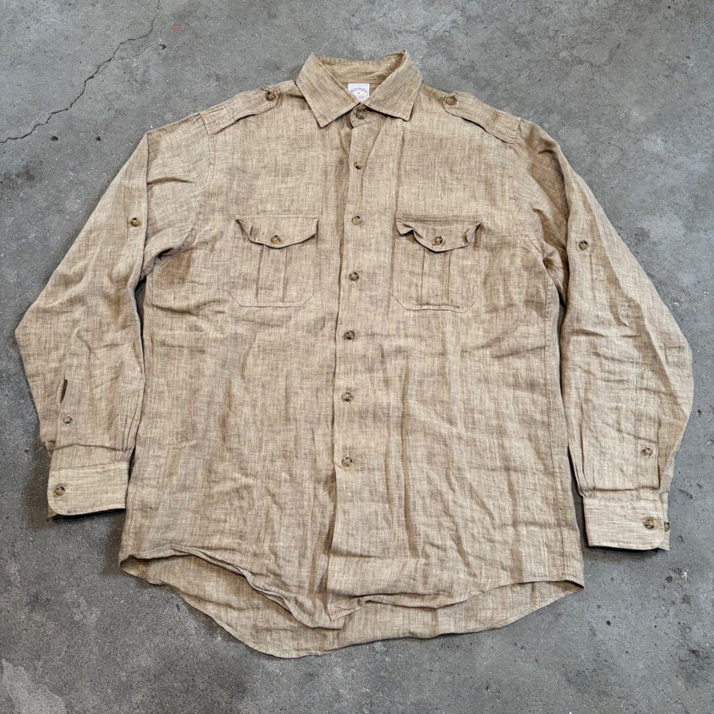 Brooks Brothers Shirt Men M Tan Irish Linen Safari Epaulet Long Sleeve Button Up